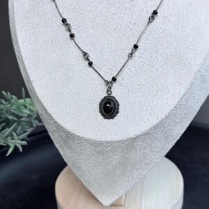 Black Cabochon Necklace | Gothic Dainty Pendant‎ • Silver Beaded Chain Witchy